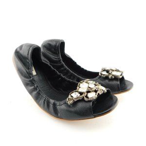 MIU MIU by Prada Black Leather Crystal Cluster Peep Toe Ballet Flats 40
